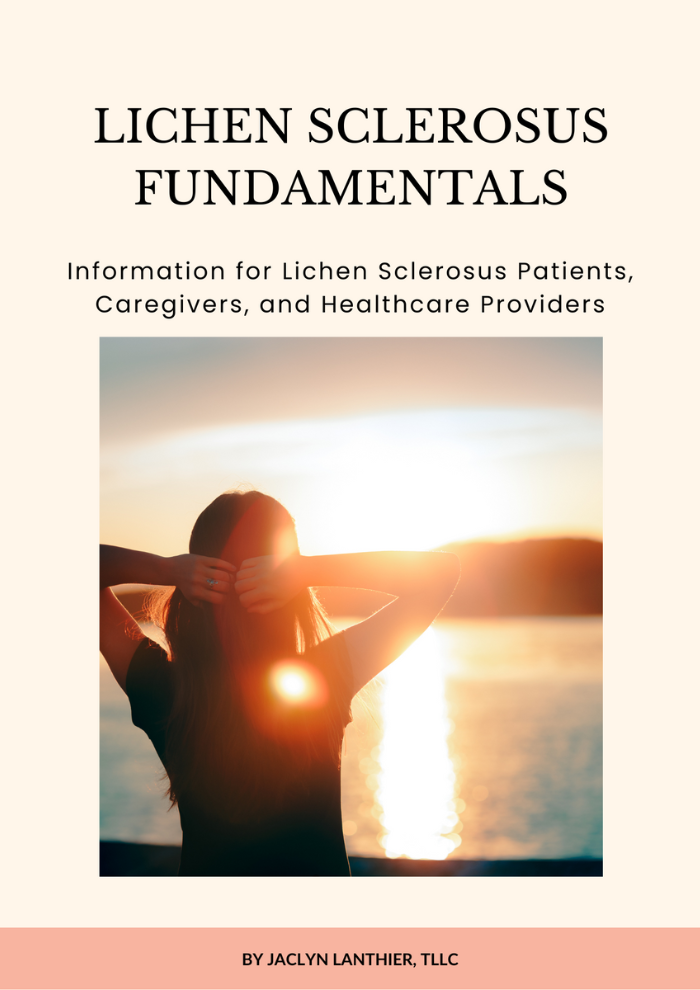 Image of the cover page for Jaclyn's eBook. There is an image of a person's silhouette from the back as they look on into a beautiful sunrise. The title text reads: "Three Key Things you Need in Place with Vulvar Lichen Sclerosus'.